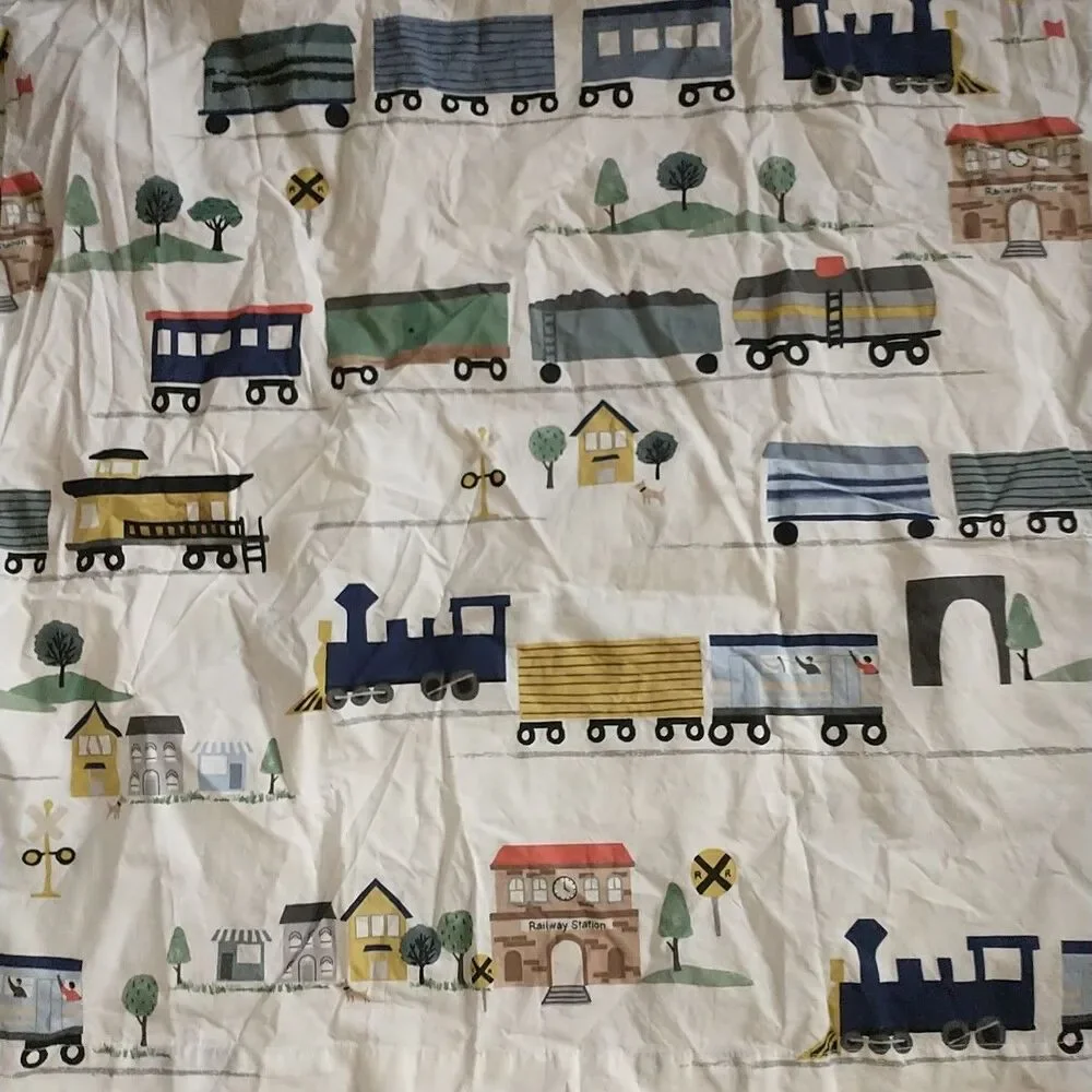 Pottery Barn Kids Crib Sheet Set Train Novelty Baby Boy 100%Organic Cotton